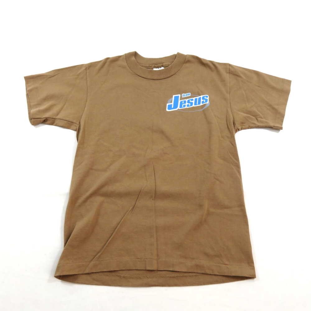 Team Jesus T-Shirt Double Sided Graphic Brown Boys Youth Sz L Vintage 1990s